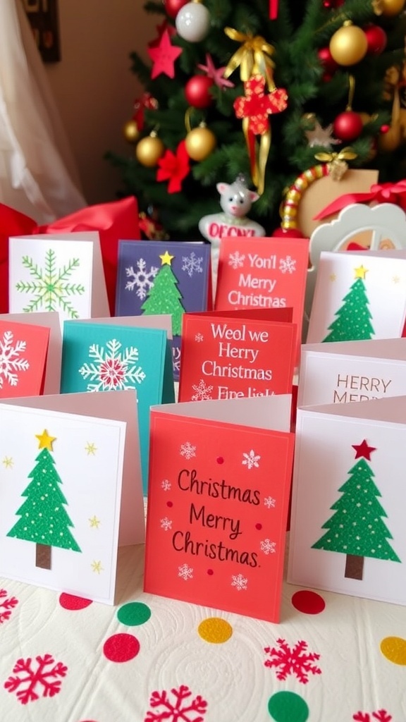Quick and Easy 5-Minute Christmas Cards Handmade Christmas cards with festive designs on a decorated table.